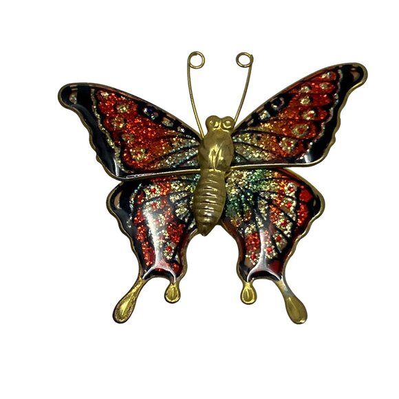 Vintage Butterfly Brooch Red Green Enamel and Glitter Pin - Picture 7 of 8